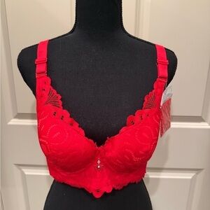 Mushiq Bra NWT 38C Red Lace Padded w|back extender $40 Retal